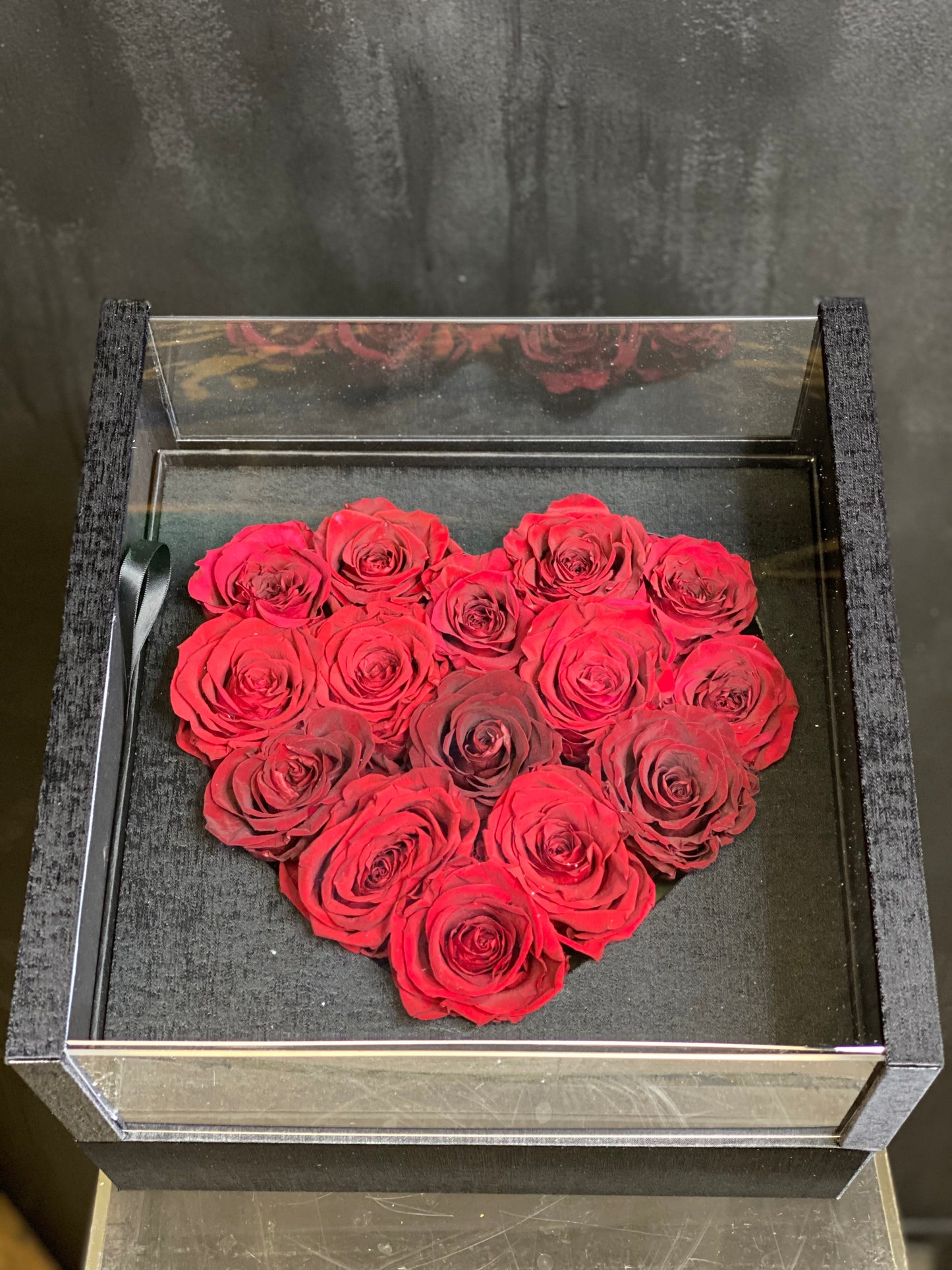 Preserved Red Roses in Large Black Box